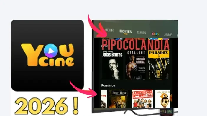 Baixe o APK do YouCine v1.17.4 para Android, Smart TV e PC 1 Interface do aplicativo YouCine exibida em Smart TV com filmes e séries em 2026